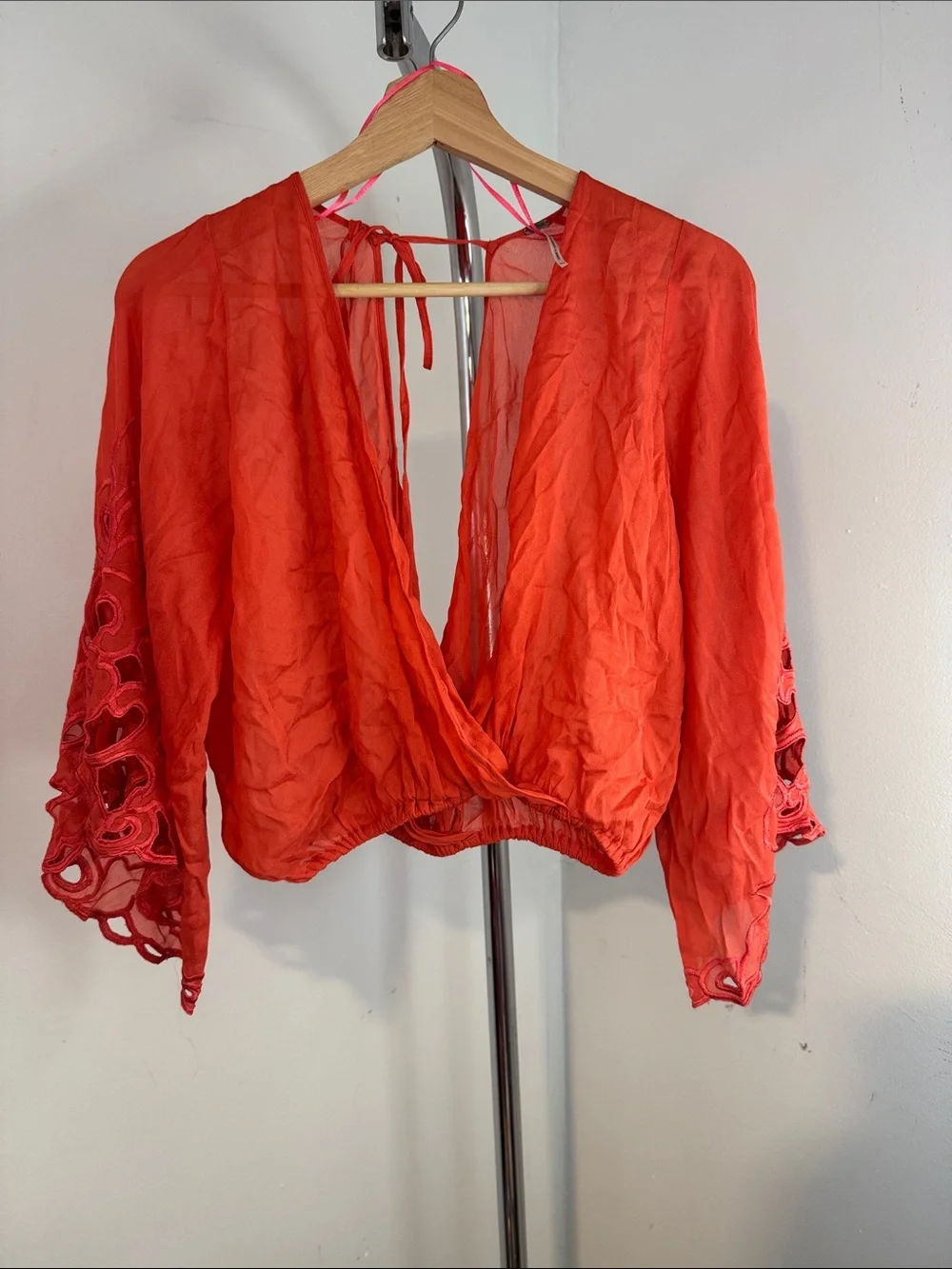 Free People Orange-Red Wrap Blouse with Lace Bell Sleeves size xs